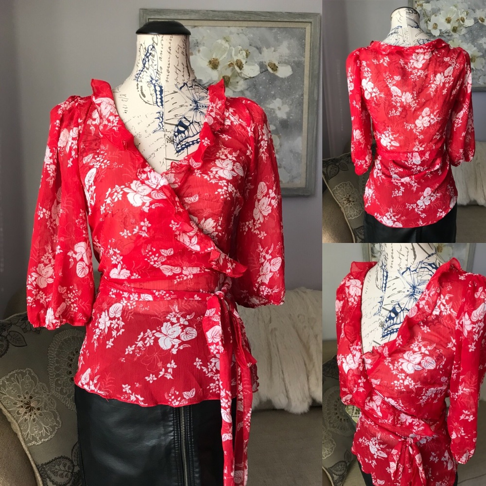 Sheer red floral wrap blouse
